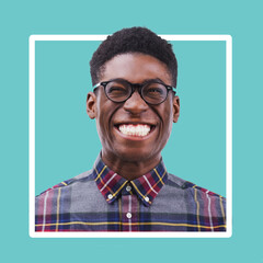 Portrait, black man and excited smile in studio with glasses on color frame, border and background. Funny face, happy male model and nerd smiling with confidence, happiness and confident young geek - obrazy, fototapety, plakaty