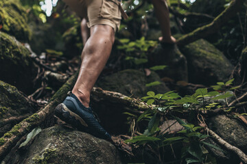 .Hikers are rock climbing using their hands on the vines to climb to the top. hiking and adventure concept.