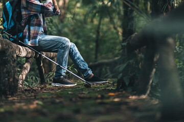 hiker with backpack sitting on old wood fence in the forest  while a rest. hiking and adventure...