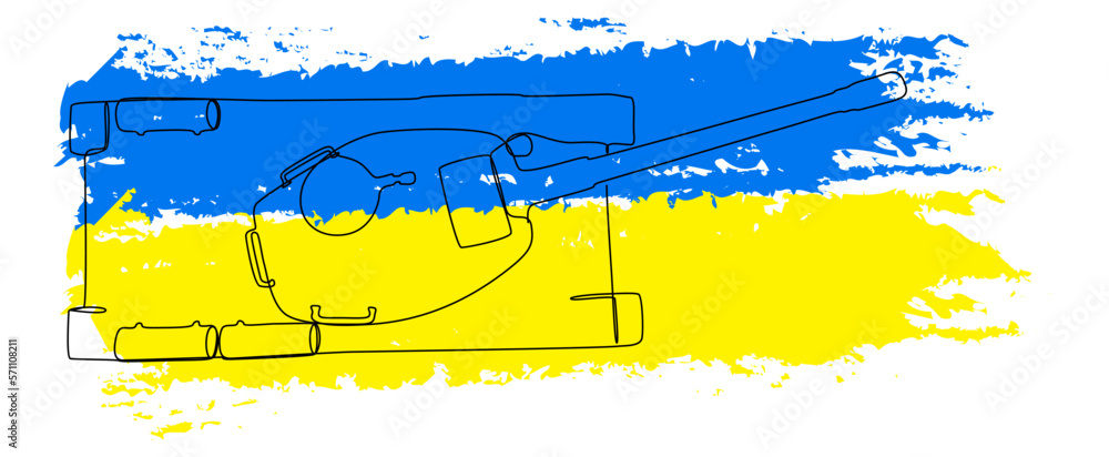Poster one continuous line of tank or armored vehicle with flags color in the background. thin line illustr
