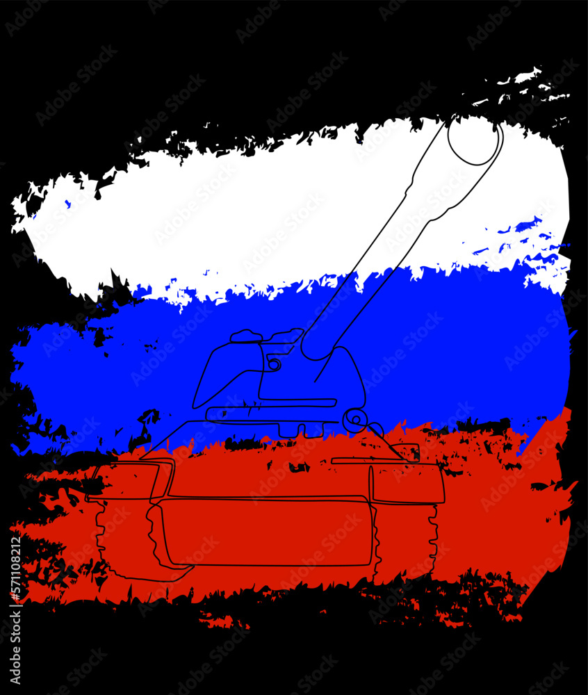 Poster one continuous line of tank or armored vehicle with flags color in the background. thin line illustr