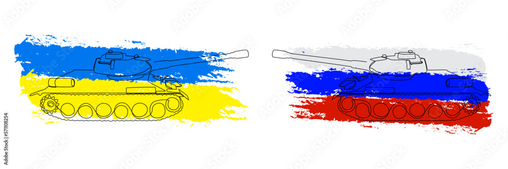 Poster one continuous line of tank or armored vehicle with flags color in the background. thin line illustr