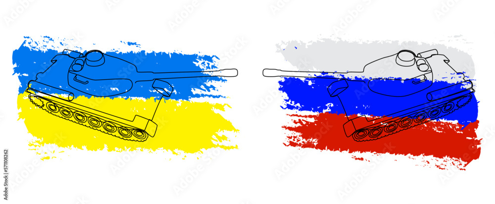 Poster one continuous line of tank or armored vehicle with flags color in the background. thin line illustr