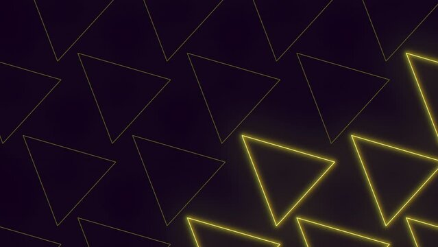 Yellow neon triangles pattern on black gradient, motion abstract futuristic, cyber, club and music style background