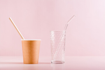 Paper cup and straw and glass cup and straw. Zero waste, environmental protection.