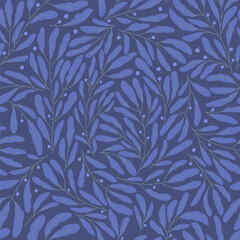 Seamless pattern with elegant blue branch, leaves