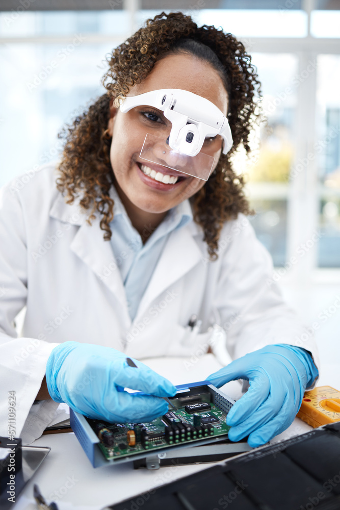 Poster Programming, computer hardware and portrait of black woman with electronic cpu, circuit and microchip. Technology maintenance, it repair and face of engineer smile fix code, motherboard and processor