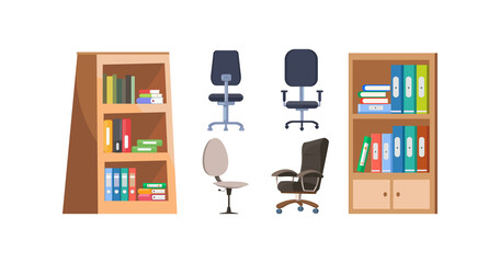 Different design of office chair,book shelf.furniture element in cartoon character,