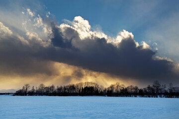 夕景の雪原と光芒（更別村）