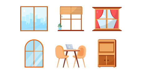 Different design of window,chair with table,cupboard.Furniture element in cartoon,