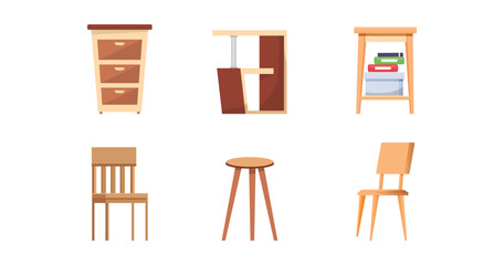 Modern woodern chairs,cupboard,table,shelf.furniture element in cartoon character,