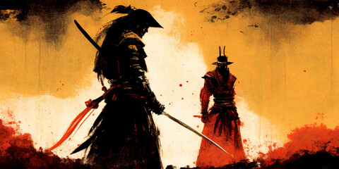 samurai with sword in feudal japan - obrazy, fototapety, plakaty