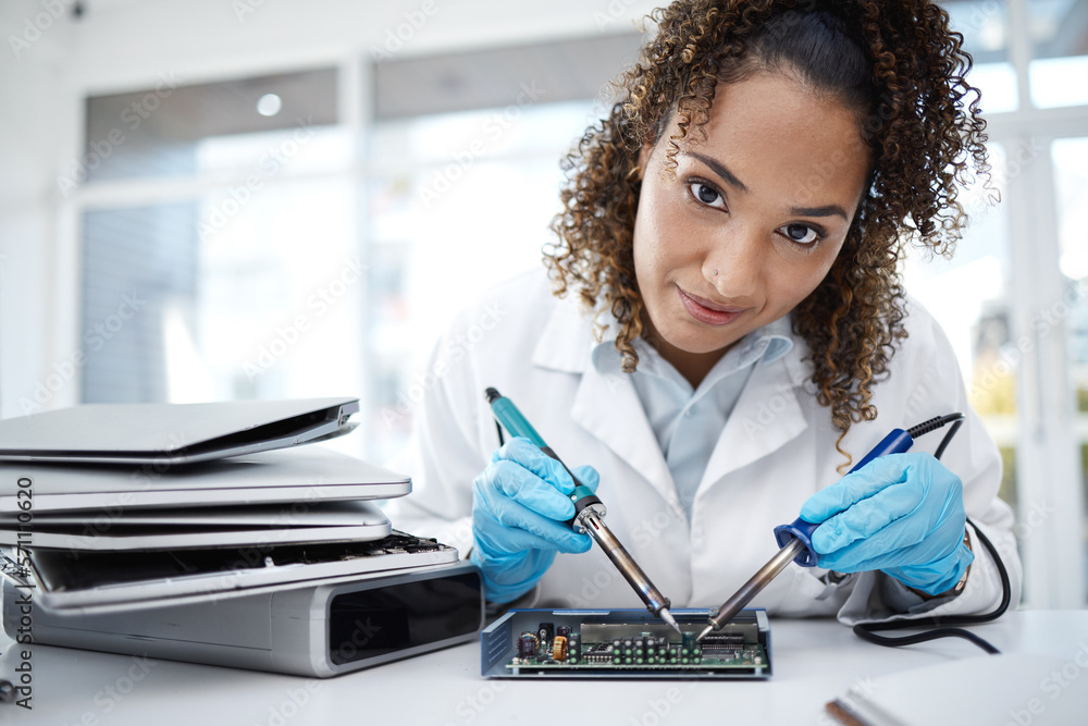 Poster Computer hardware, soldering and portrait of black woman working on cpu, circuit and microchip. It maintenance, programming and face of female electrician fix coding, motherboard and processor