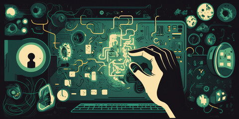 Hand Reaching Out to Touch Digital Computer Interface Circuit Board. Generative AI Illustration.