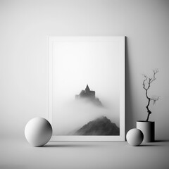 Mockup photo frame, mysterious castle atop a hill shrouded in fog AI Generaion
