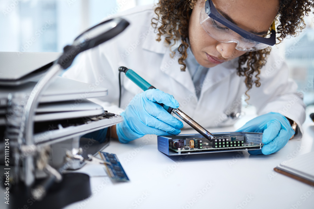 Poster programming, hardware repair and black woman electrician working on cpu, circuit and microchip. tech