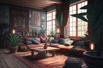 Living Room Interior Design in the Style of Boho AI Generated