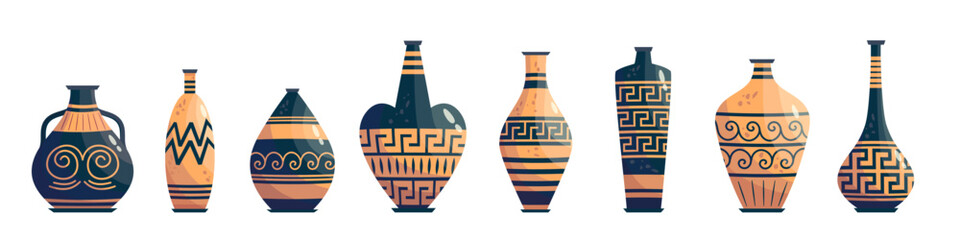 Greek vase ancient jar set isolated. Ceramic vase with greek symbol. Cartoon vector illustration. Pottery jar earthenware antique design.