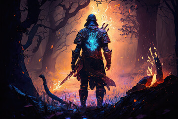 Ancient Warrior within the Mystical Forest, Digital Art Style