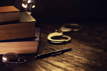 Book on a wooden table background with copy space. Historical atmosphere. Vintage english style. Evidence searching concept. Empty place for text.