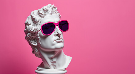 Gypsum statue head in sunglasses on a pink background illustration - obrazy, fototapety, plakaty