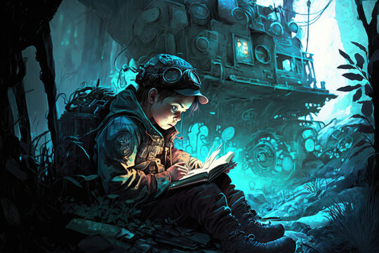 young boy inventor reading through blueprints in front of invention, digital art style
