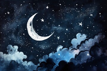 Naklejka na ściany i meble Sky with stars and moon, watercolor with Generative AI