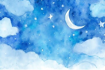 Naklejka na ściany i meble Sky with stars and moon, watercolor with Generative AI