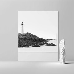 Sheet of papper background mockup, rocky beach with a lighthouse in the distance AI generation