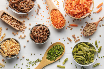 A variety of fusilli pasta from different types of legumes. Gluten-free pasta.