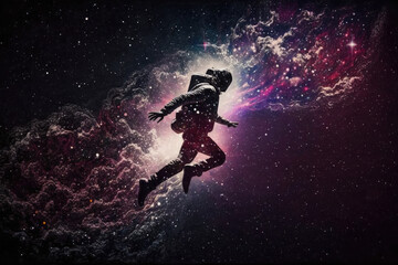Fototapeta na wymiar silhouette of a person flying through space, digital art style