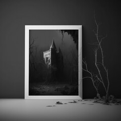 Mockup photo frame, an abandoned castle and a dark forest, AI Generaion
