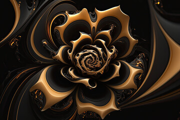 fractal flowers golden and black liquid marble background. Resin geode and abstract art, functional art, like watercolor geode painting. 3d wallpaper for wall frames. Generated AI.