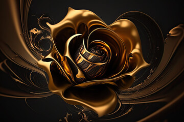 fractal flowers golden and black liquid marble background. Resin geode and abstract art, functional art, like watercolor geode painting. 3d wallpaper for wall frames. Generated AI.