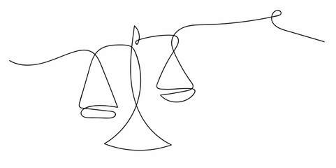 Fototapeta premium One continuous single line of court legal scales isolated on white background