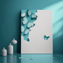 Mockup photo frame, white butterflies and blue lakes, AI Generaion