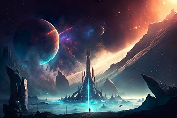 A futuristic and sprawling space port, bustling with activity as starships and celestial bodies pass by in the backdrop of a glittering galaxy.
