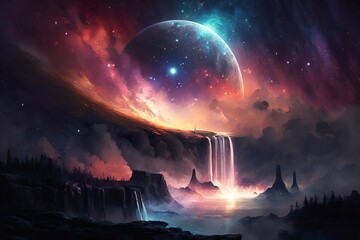 A breathtaking and serene view of cascading waterfalls surrounded by a mesmerizing galaxy and brilliant star in the vastness of space.