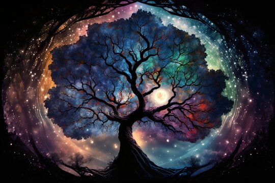 A stunning and inspiring image of a Tree of Life, with its branches reaching towards the vast expanse of space, connecting to a mesmerizing galaxy filled with stars.