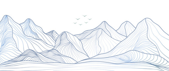 Hand drawn style of creative minimalist modern line art print. Abstract mountain contemporary aesthetic backgrounds landscapes. with mountain, flying bird, ocean wave. vector illustrations