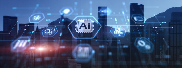 AI Artificial Intelligence concept. Technology learning on city background