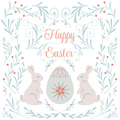 Happy Easter greeting card in folk art style. Rabbit or bunny and floral motifs. Spring illustration.