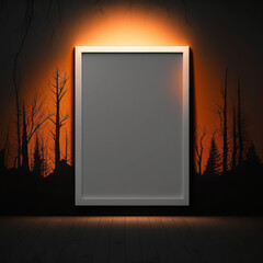 Wall poster mockup fiery sunsets and dark forests, AI generation.