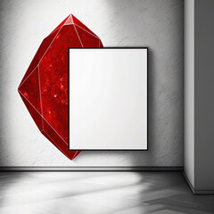 Wall poster mockup glittering red diamond with delicate lines made of granite AI generation.