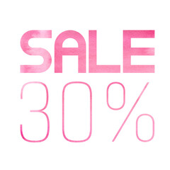 Thirty percent sale. A pink watercolor banner. Viva Magenta color. Sale signboard. Seasonal sale. The perfect watercolor design for a sale shop and advertising banners.
