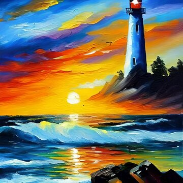 Oil painting of large lighthouse on the coast at sunset