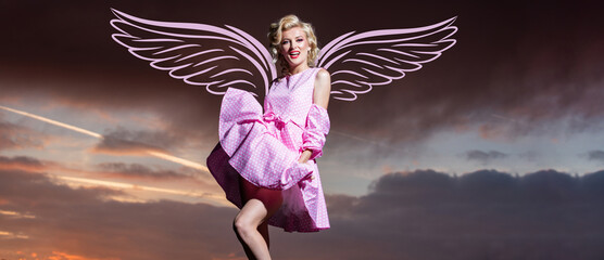Angel woman with wings. Valentines day banner for website header design. Woman in pink dress on...
