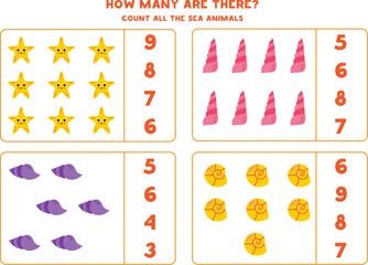 Counting game with cute sea fish. Educational worksheet.