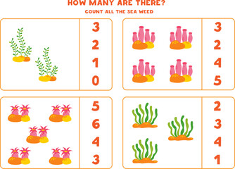 Counting game with cute seaweeds. Educational worksheet.