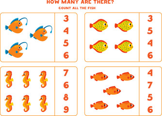 Count all sea animals and circle the correct answers.